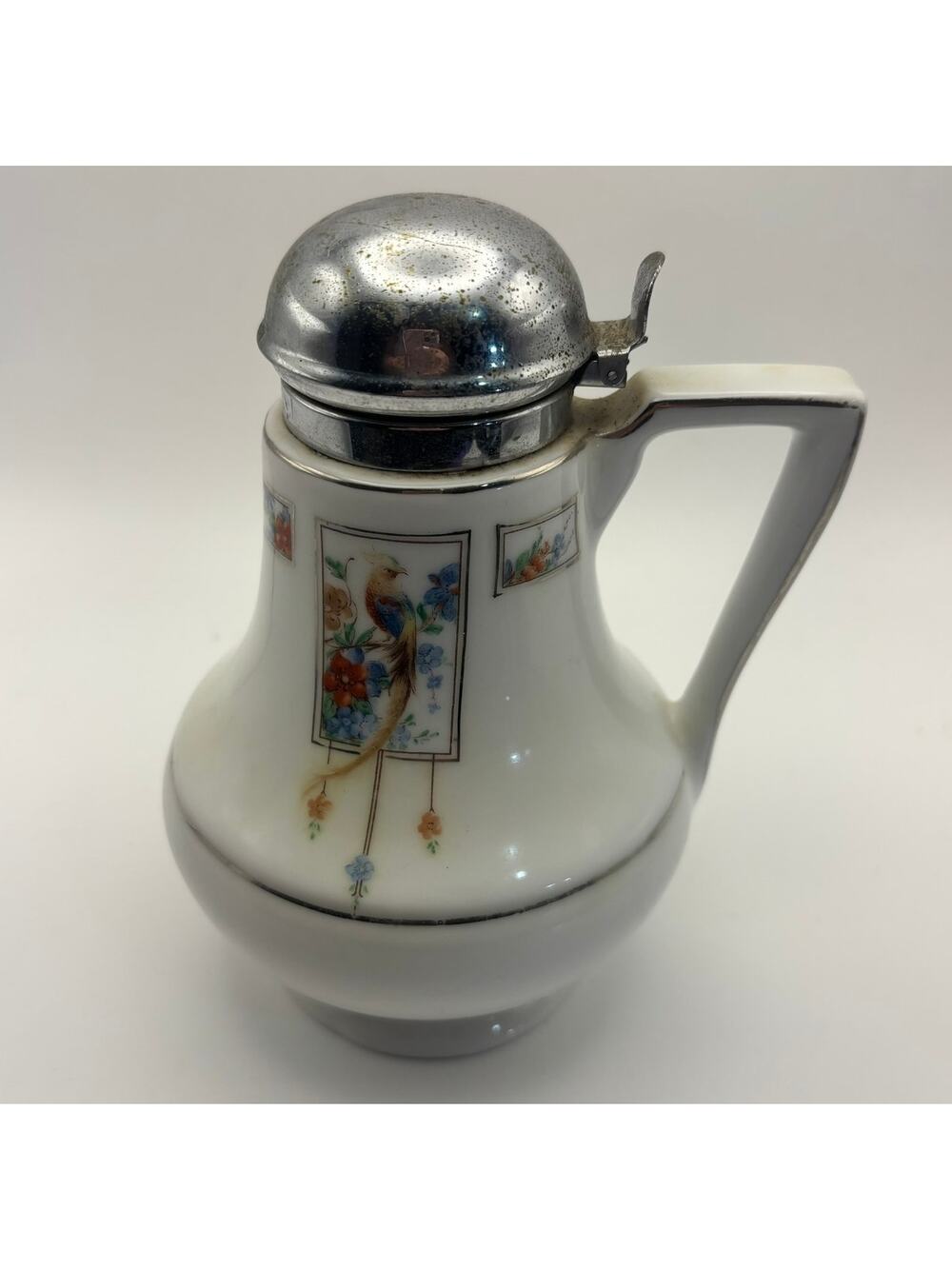 Royal Rochester Hand Painted Chocolate Pot Bird Floral Chrome Lid Vintage - Picture 1 of 6